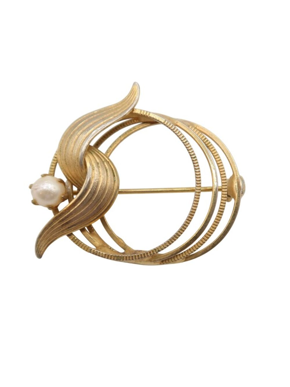 Vintage Mid Century Faux Pearl Leaf Interlocking Circle Gold Tone Brooch Dainty